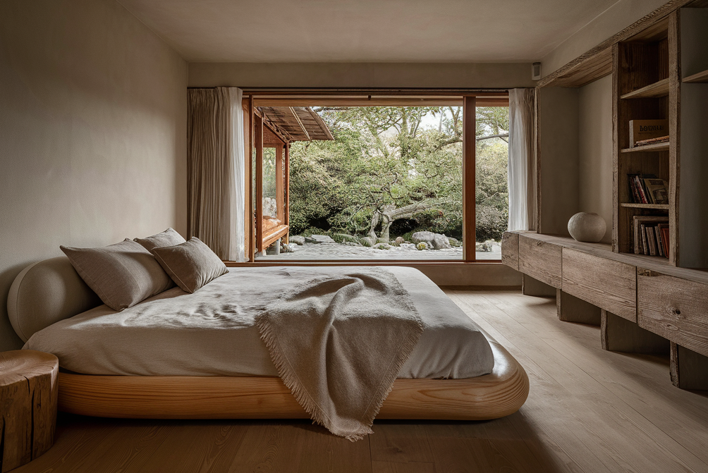 Japandi style lit chambre à coucher